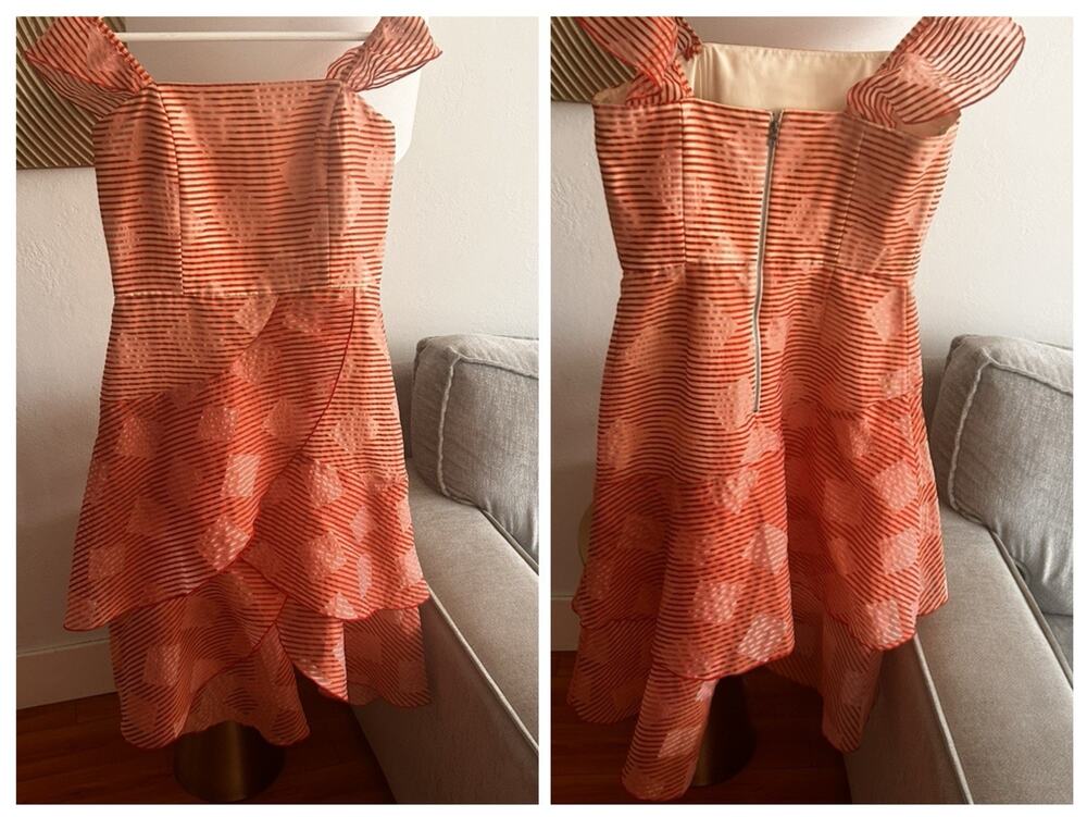 Alice + Olivia Size 6 Azura Waterfall Ruffle Dress Pink Red Striped Organza